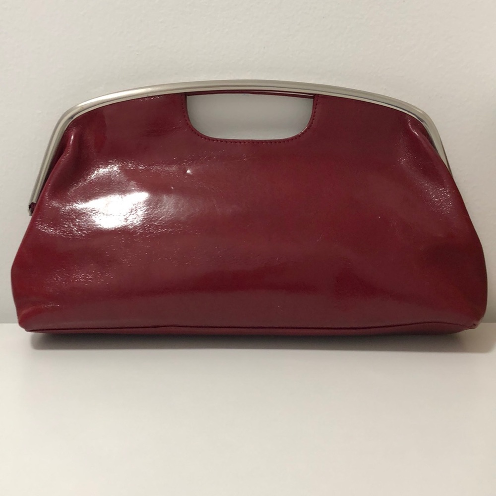 Vintage red patent leather clutch w silver metal